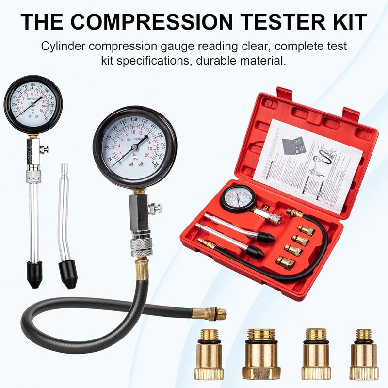 Clatoon 8pcs Petrol Engine Cylinder Compression Tester Kit, Small Engine Compression Tester Automotive Tool Gauge 0-300PSI for Testing Car Motorcycle Outboard Motor Snowmobile Chainsaw - Image 5
